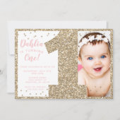 Gold First Birthday Invitation, Faux Glitter Kaart (Voorkant)