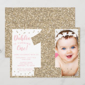 Gold First Birthday Invitation, Faux Glitter Kaart (Voorkant / Achterkant)