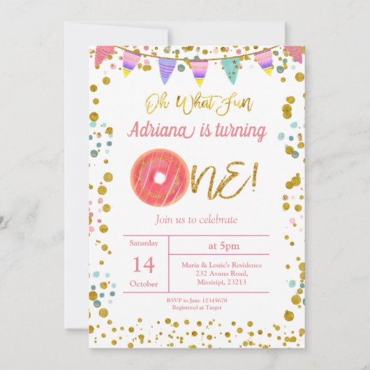 Gold First Birthday Party Donut Theme Invitation Kaart (Voorkant)