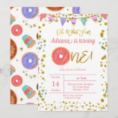 Gold First Birthday Party Donut Theme Invitation Kaart (Voorkant / Achterkant)