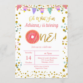 Gold First Birthday Party Donut Theme Invitation Kaart
