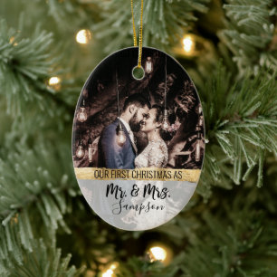 Gold First Christmas Marriott Couple Wedding Photo Keramisch Ornament
