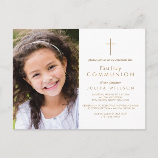 Gold First Communication Photo Invitation Briefkaart (Voorkant)