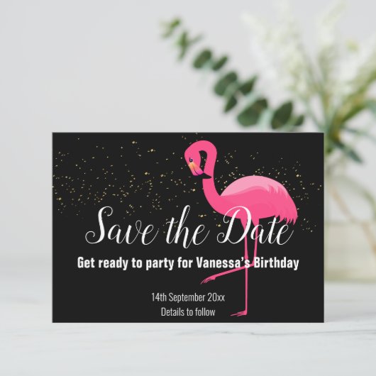 GOLD FLAMINGO ROZE SAVE THE DATE ZWART RSVP KAARTJE (Staand voorkant)