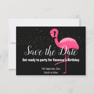 GOLD FLAMINGO ROZE SAVE THE DATE ZWART RSVP KAARTJE