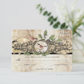 Gold Flecks Birdcage Damask Love Bird RSVP Kaartje (Staand voorkant)