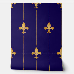  Gold Fleur-de-Lis Donkerblauw Behang