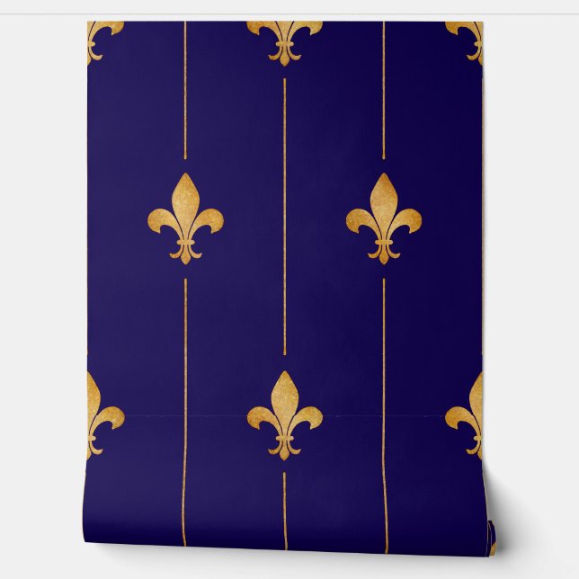  Gold Fleur-de-Lis Donkerblauw Behang (Afrollen)
