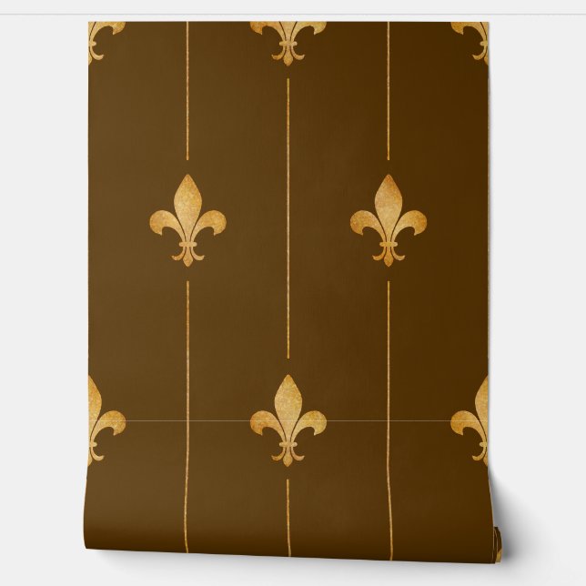  Gold Fleur-de-Lis Donkerbruin Behang (Afrollen)