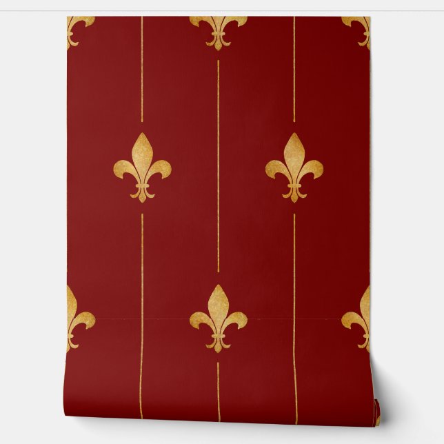  Gold Fleur-de-Lis Donkerrood Behang (Afrollen)