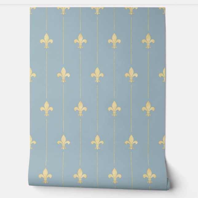  Gold Fleur-de-Lis Dusky Blue Behang (Afrollen)