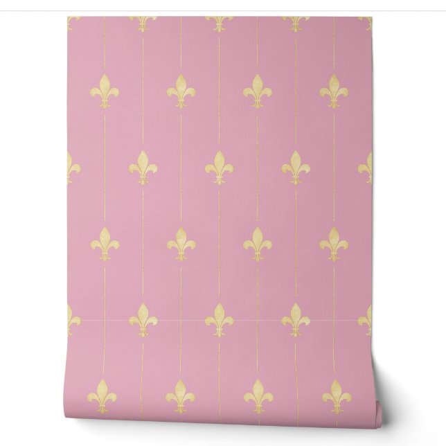  Gold Fleur-de-Lis Dusky Pink (kleinschalig) Behang (Afrollen)