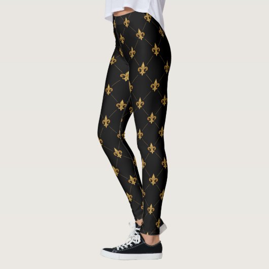 Gold Fleur De Lis Elegant Damask Pattern Black Leggings (Links)