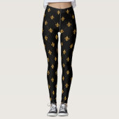 Gold Fleur De Lis Elegant Damask Pattern Black Leggings (Voorkant)