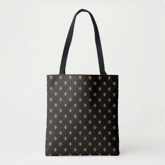 Gold Fleur De Lis Elegant Damask Pattern Black Tote Bag (Voorkant)