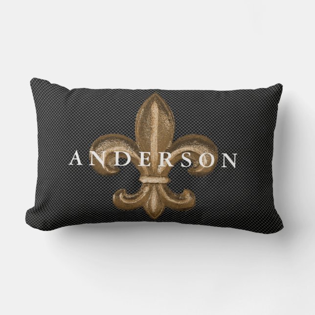 Gold Fleur de Lis en White Lattice Black Kussen (Voorkant)