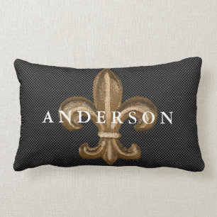 Gold Fleur de Lis en White Lattice Black Kussen