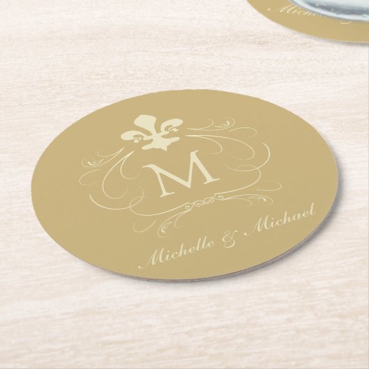 Gold Fleur de Lis Fancy Scroll Ronde Kartonnen Onderzetter (Gebogen)