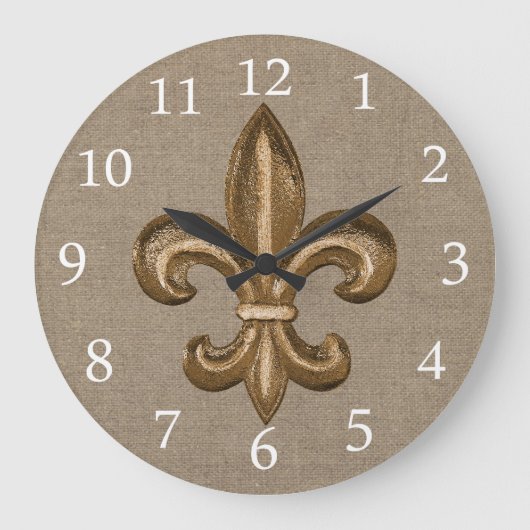 Gold Fleur de Lis Faux Burlap Grote Klok (Voorkant)