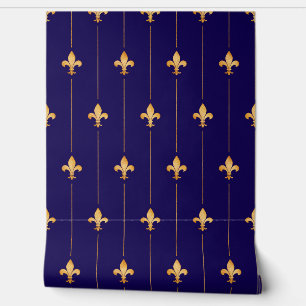 Gold Fleur-de-Lis (kleinschalig) Donkerblauw Behang