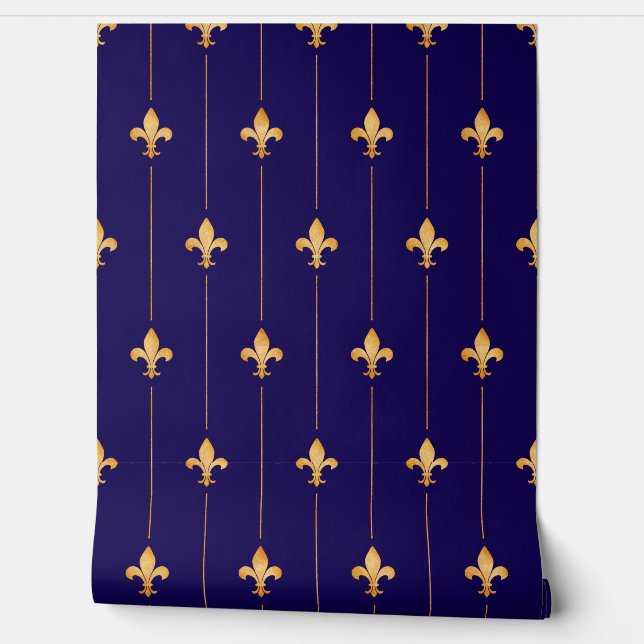  Gold Fleur-de-Lis (kleinschalig) Donkerblauw Behang (Afrollen)