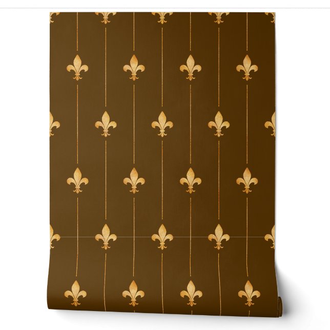  Gold Fleur-de-Lis (kleinschalig) Donkerbruin Behang (Afrollen)