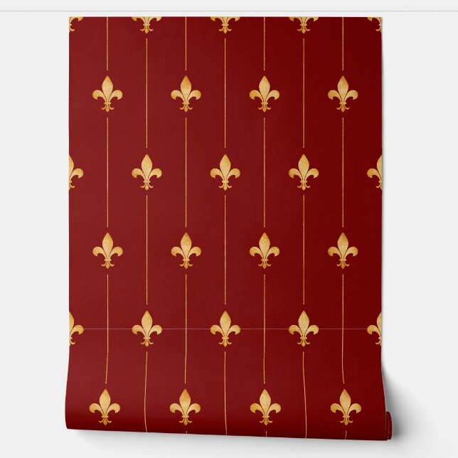  Gold Fleur-de-Lis (kleinschalig) Donkerrood Behang (Afrollen)
