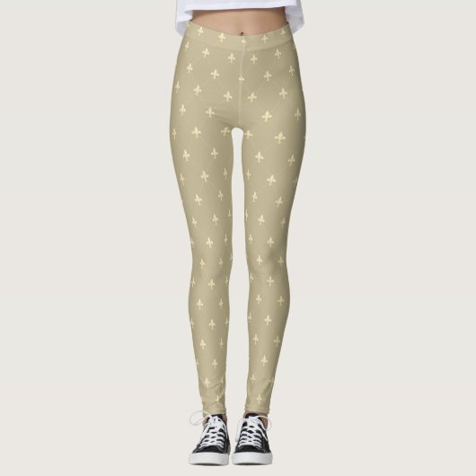 Gold Fleur-de-Lis Latte Brown Leggings (Voorkant)