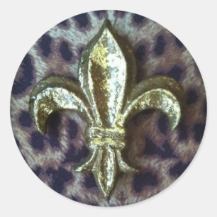 GOLD FLEUR-DE-LIS MET LEOPARD LIJST RONDE STICKER
