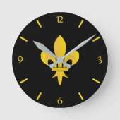 Gold Fleur de Lis op Black Clock Ronde Klok (Voorkant)