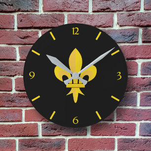 Gold Fleur de Lis op Black Clock Ronde Klok