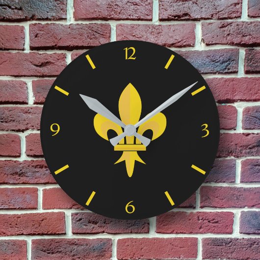 Gold Fleur de Lis op Black Clock Ronde Klok