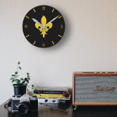 Gold Fleur de Lis op Black Clock Ronde Klok