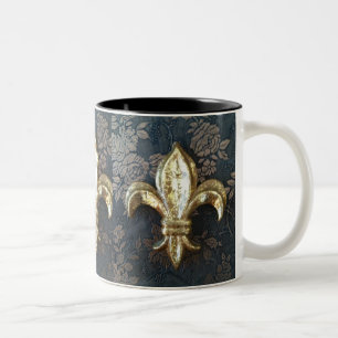 Gold Fleur de lis op Floral Print Mok