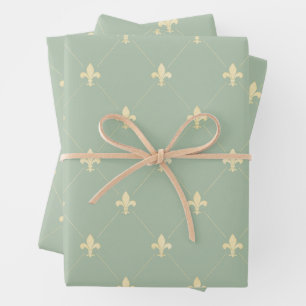 Gold Fleur-de-Lis op Sage Inpakpapier Vel