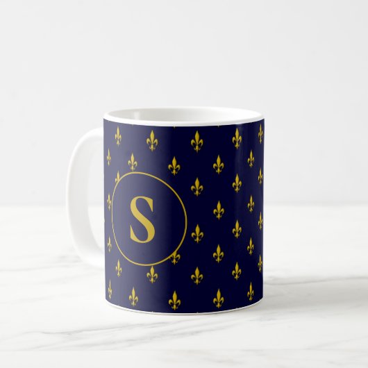 Gold Fleur de Lis Pattern op Royal Blue Koffiemok (Voorkant links)