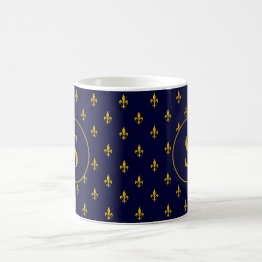 Gold Fleur de Lis Pattern op Royal Blue Koffiemok (Center)