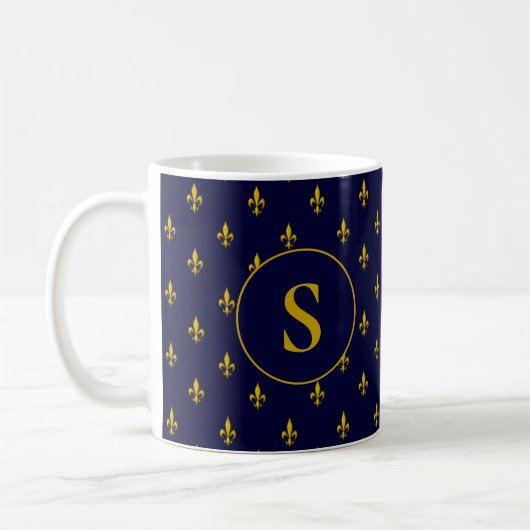 Gold Fleur de Lis Pattern op Royal Blue Koffiemok (Links)