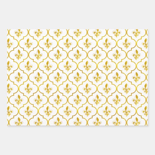 Gold Fleur-de-Lis Quatrefoil Pattern Inpakpapier Vel (Voorkant 2)