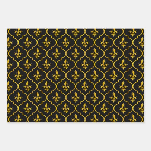Gold Fleur-de-Lis Quatrefoil Pattern Inpakpapier Vel (Voorkant)
