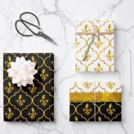 Gold Fleur-de-Lis Quatrefoil Pattern Inpakpapier Vel