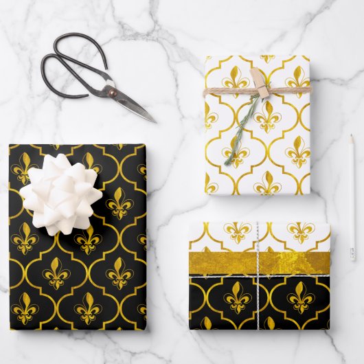 Gold Fleur-de-Lis Quatrefoil Pattern Inpakpapier Vel (Voorkant)