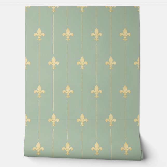  Gold Fleur-de-Lis Sage (kleinschalig) Behang (Afrollen)