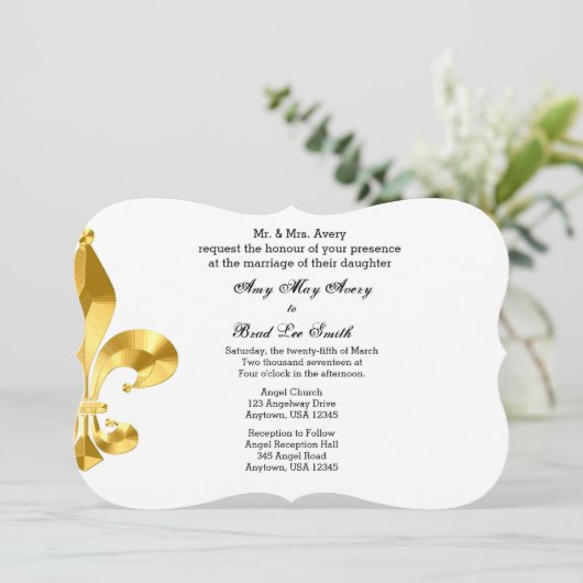Gold Fleur de Lis Wedding Invitation Kaart (Staand voorkant)