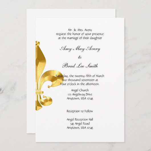 Gold Fleur de Lis Wedding Invitation Kaart (Voorkant / Achterkant)