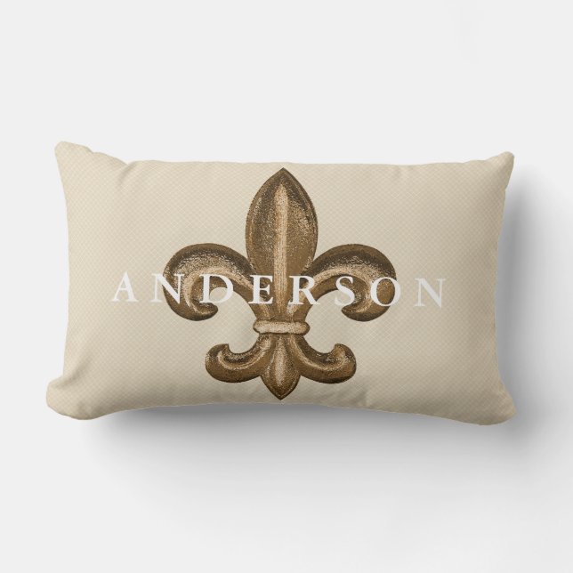 Gold Fleur de Lis & White Lattice Taupe Kussen (Voorkant)