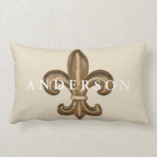 Gold Fleur de Lis & White Lattice Taupe Kussen