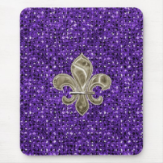 Gold Fleur de Lys paarse Sequin Effect Mousepad Muismat (Voorkant)