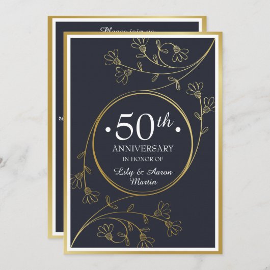 Gold Floral 50e Jubileum Invite Kaart (Voorkant / Achterkant)