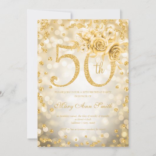 Gold Floral 50th Birthday Glam Lights Kaart (Voorkant)